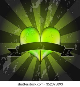 vector illustration EPS10.volumetric bright heart with ribbon to the labels on retro background with rays.(the grunge effects are easy to clean). Color:Green