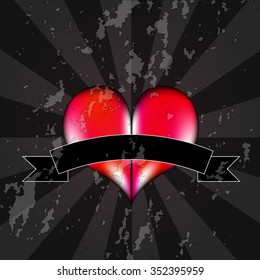 vector illustration EPS10.volumetric bright heart with ribbon to the labels on retro background with rays.(the grunge effects are easy to clean).Color:red