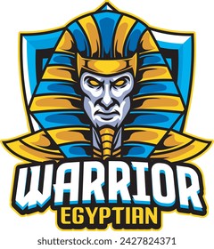 Vector Illustration Epyptian Warrior Head wearing traditional egyptian costume with WARRIOR EGYPTIAN text Esport logo