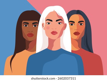 Vector illustration for Equality Day and Women's Day. Women's month. Women of different nationalities together. Gender equality and women's empowerment movements for women's projects