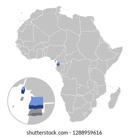 Vector illustration of Equatorial Guinea in blue on the grey model of Africa map with zooming replica of country