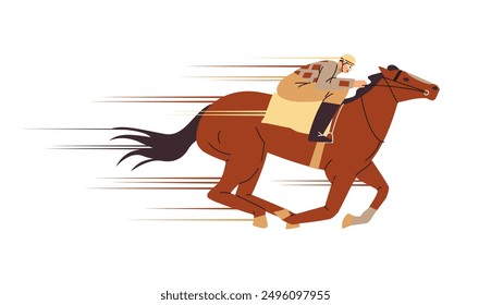 Ilustración vectorial de competiciones ecuestres con un caballo de carreras corriendo y un jinete en uniforme, diseñado para carteles de competiciones de carreras de caballos.