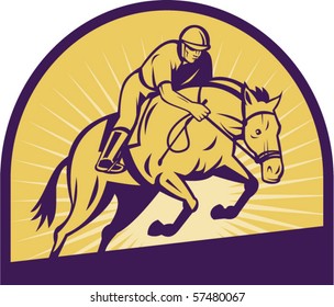 vector illustration of an equestrian show jumping with horse with sunburst in the background.