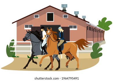 Vector illustration of equestrian sport in flat style. Stable. A man and a woman are riding horses. Realistic image. Horseback riding. Horse riding lessons