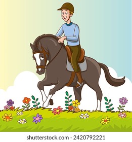 Vector Ilustración del entrenamiento de equitación en el deporte ecuestre.persona a caballo