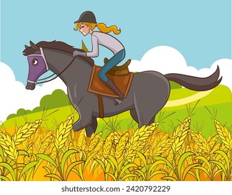 Vector Ilustración del entrenamiento de equitación en el deporte ecuestre.persona a caballo