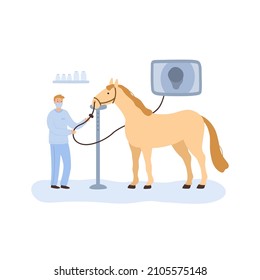 Vector Illustration, Equine Veterinarian Performing Horse Endoscopy In Clinic