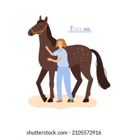 Vector Illustration, Equine Veterinarian Woman Is Making Horse Vaccination