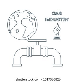 Vector illustration with equipment for gas production and earth. Gas industry. Burner gas stove, globe, gas pipe.