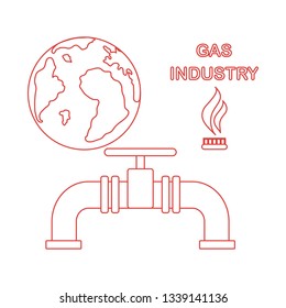 Vector illustration with equipment for gas production and earth. Gas industry. Burner gas stove, globe, gas pipe.