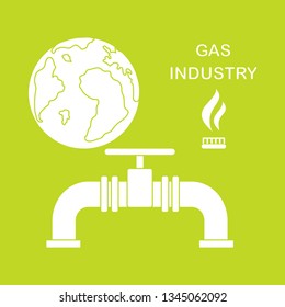Vector illustration with equipment for gas production and earth. Gas industry. Burner gas stove, globe, gas pipe.