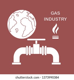 Vector illustration with equipment for gas production and earth. Gas industry. Burner gas stove, globe, gas pipe.