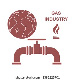 Vector illustration with equipment for gas production and earth. Gas industry. Burner gas stove, globe, gas pipe.