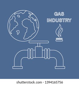 Vector illustration with equipment for gas production and earth. Gas industry. Burner gas stove, globe, gas pipe.