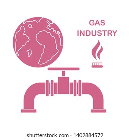 Vector illustration with equipment for gas production and earth. Gas industry. Burner gas stove, globe, gas pipe.