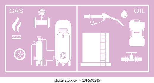 Vector illustration with equipment for oil and gas production. Oil industry, gas industry. Extraction, storage, using oil and gas.