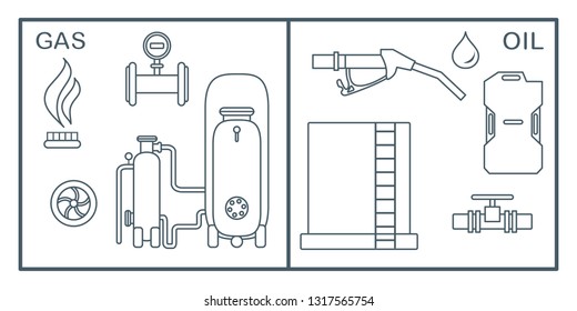 Vector illustration with equipment for oil and gas production. Oil industry, gas industry. Extraction, storage, using oil and gas.