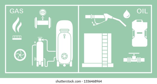 Vector illustration with equipment for oil and gas production. Oil industry, gas industry. Extraction, storage, using oil and gas.