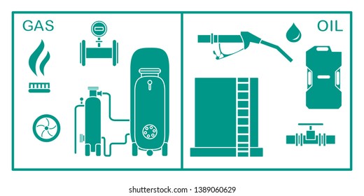 Vector illustration with equipment for oil and gas production. Oil industry, gas industry. Extraction, storage, using oil and gas.