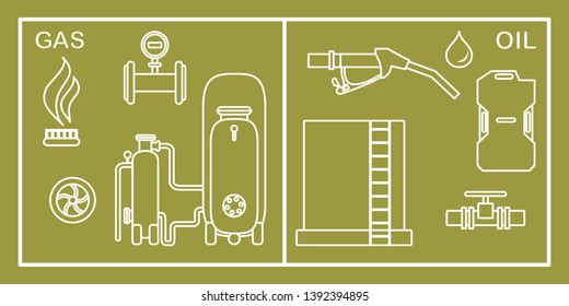 Vector illustration with equipment for oil and gas production. Oil industry, gas industry. Extraction, storage, using oil and gas.