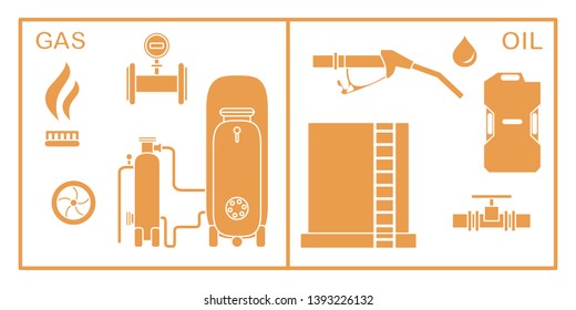 Vector illustration with equipment for oil and gas production. Oil industry, gas industry. Extraction, storage, using oil and gas.