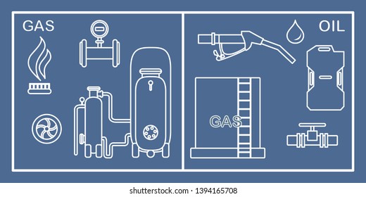 Vector illustration with equipment for oil and gas production. Oil industry, gas industry. Extraction, storage, using oil and gas.