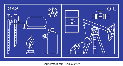 Vector illustration with equipment for oil and gas production. Oil industry, gas industry. Extraction and storage of oil and gas.
