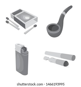 Vector illustration of equipment and smoking symbol. Set of equipment and harm stock vector illustration.