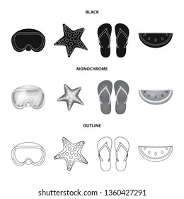 Vector illustration of equipment and swimming icon. Set of equipment and activity stock vector illustration.