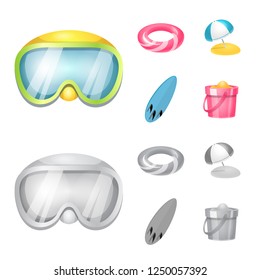 Vector illustration of equipment and swimming symbol. Set of equipment and activity vector illustration.