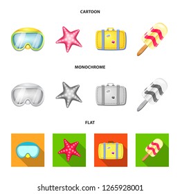 Vector illustration of equipment and swimming symbol. Set of equipment and activity stock symbol for web.