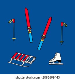 Vector illustration with equipment for winter sports and entertainment. New Year's theme.