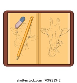 Vector Illustration - Eraser, Pencil and Brown Notepad with Sketch Giraffe Drawings