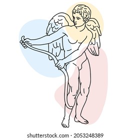  Vector illustration of Eros Stringing the Bow. Line drawing of ancient greek sculpture Cupid with color spots background.