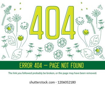 Vector illustration Error 404 page with floral elements on white background. Broken web page graphic design. Error 404 page not found creative template.