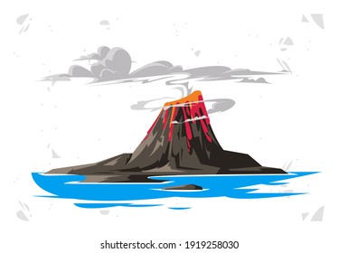 vector illustration of an erupting volcano with flowing lava on the sea