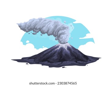 Vector illustration erupting volcano on a white background, cartoon landscape with smoke the volcano on the background of the blue sky, global warming climate change