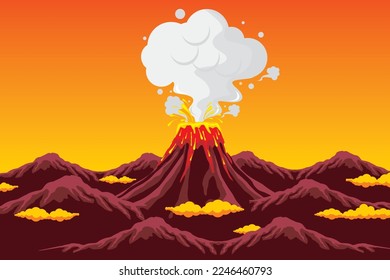 Vector illustration of an erupting volcano. Volcanic natural disasters erupt with hot lava