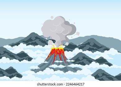 Vector illustration of an erupting volcano. Volcanic natural disasters erupt with hot lava