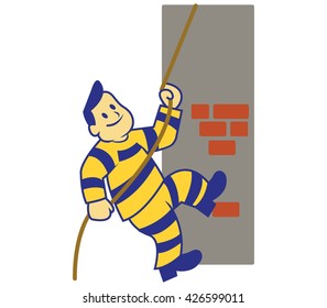 A vector illustration of escaping prisoner from the jail. Climb the wall using rope. 
