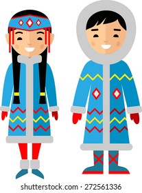  Vector illustration of eskimo children, boy, girl, people Set of eskimo woman and man dressed in national costumes