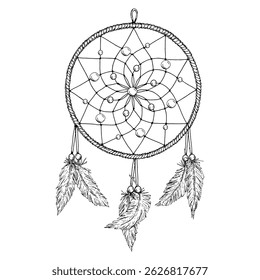 Ilustração vetorial de um sonhador esotérico com penas e padrão místico de contas. Mão desenhada em preto e branco para projetos espirituais, temas metafísicos e usos decorativos simbólicos.
