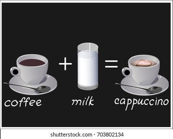 Vector illustration of espresso or americano in ceramic cups with saucers and metallic spoons, and glass of milk and cappuccino