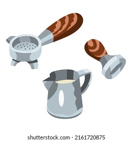 Vector illustration of espresso coffee making devices: holder, temper; pitcher. Equipment for professional barista. Isolated objects on white. Hand drawn cartoon flat vector illustration