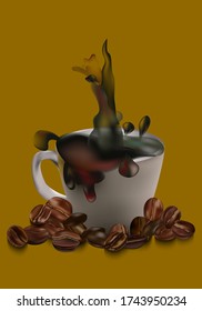 Vector - Ilustración del derrame de café de Espresso con una taza y un grano de café