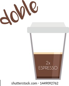 Vector illustration of an Espresso Doppio coffee cup icon with its preparation and proportions and names in spanish, incuding the title "Double".