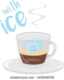 Vector illustration of an Espresso with ice coffee cup icon with its preparation and proportions.