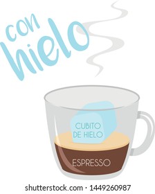 Vector illustration of an Espresso with ice coffee cup icon with its preparation and proportions and names in spanish, including the title "With Ice".
