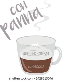 Vector illustration of an Espresso with Whipped Cream coffee cup icon with its preparation and proportions.
