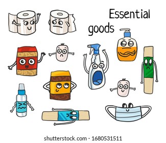 vector illustration of essential goods, purchase of goods in quarantine in an epidemic. important products for survival and fighting the virus epidemic